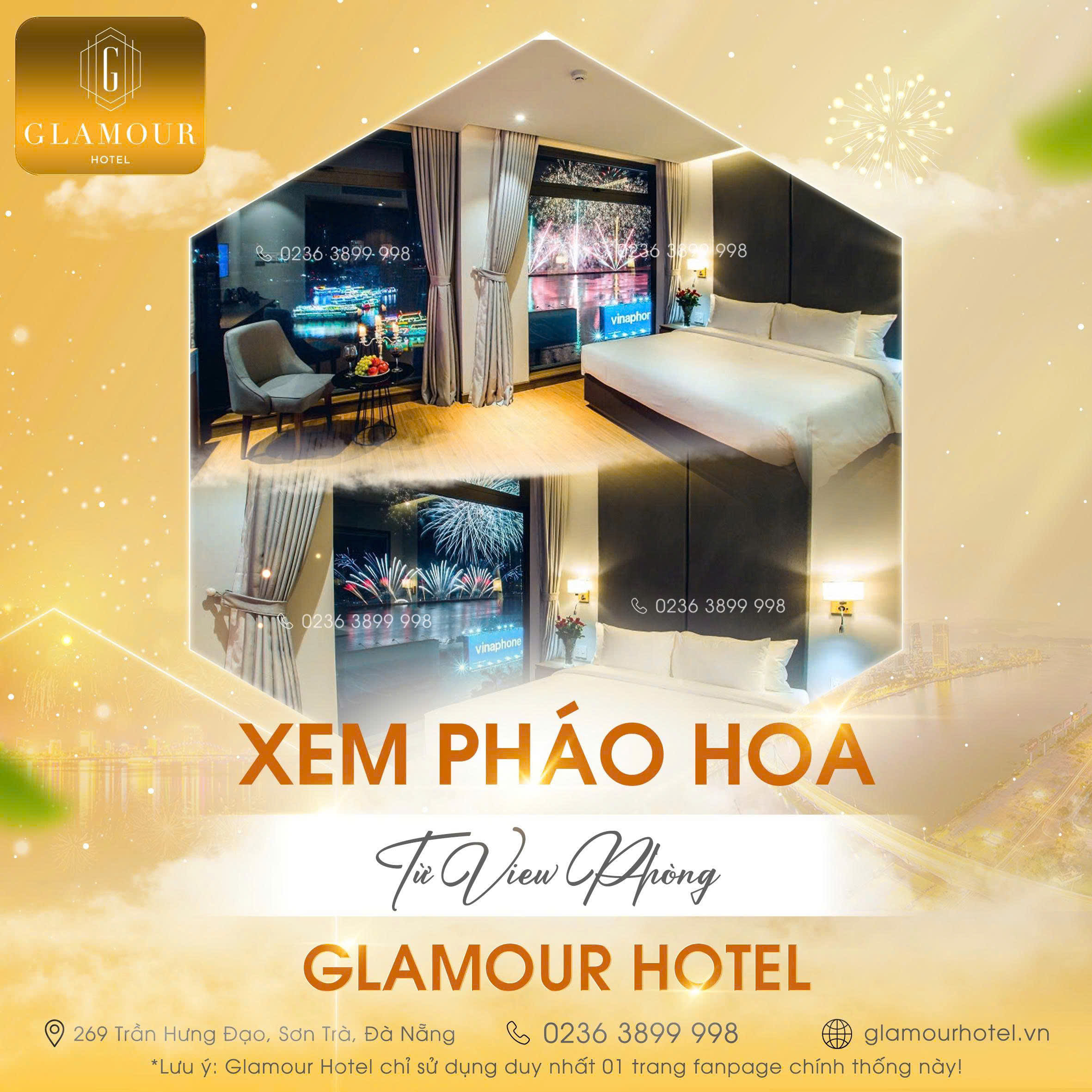 Glamour Hotel Đà Nẵng sở hữu tầm nhìn tuyệt vời ra sông Hàn, cầu Rồng và khu vực bắn pháo hoa chính.